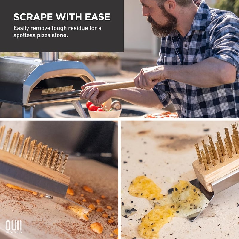 OUII 26'' Pizza Oven Brush with Stone Scraper - Includes 2 Brush Heads, Heat-Resistant Gold Stainless Steel Bristles - Long Grip Handle, Compatible with Ooni, Gozney, Blackstone, Solo Stove Ovens - Image 2
